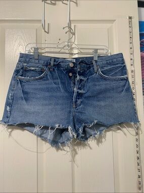 Agolde Light Blue Frayed Denim Cutoff Shorts
